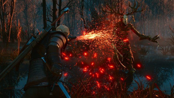 A character in The Witcher 3: Wild Hunt using a fiery attack against a large, antlered monster in a forest setting.