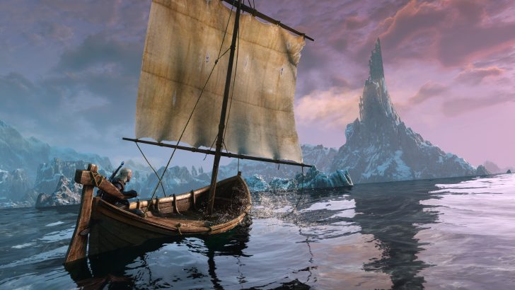 A character in The Witcher 3: Wild Hunt sails a small boat towards a snowy mountain with a towering structure under a colorful sky.