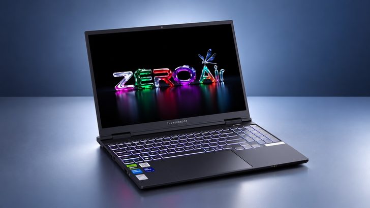 A Thunderobot laptop displaying colorful 3D text 'ZERO Air' on its screen.
