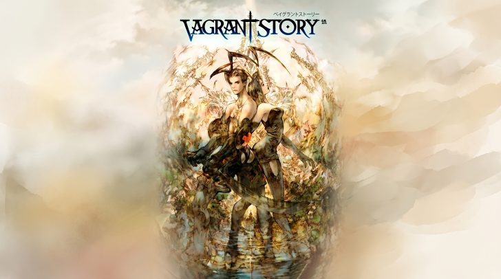 Artwork for the game 'Vagrant Story' featuring two characters with swords surrounded by intricate designs on a washed-out background.