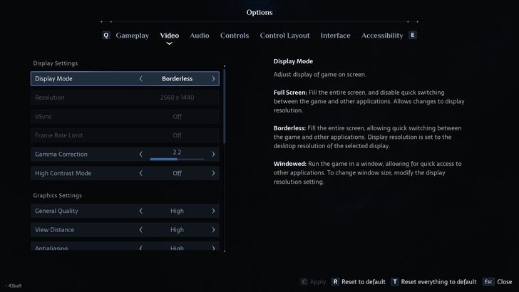 The video settings menu of a game shows 'Display Mode' set to 'Borderless' with a resolution of 2560 x 1440, VSync off, and 'Gamma Correction' at 2.2.