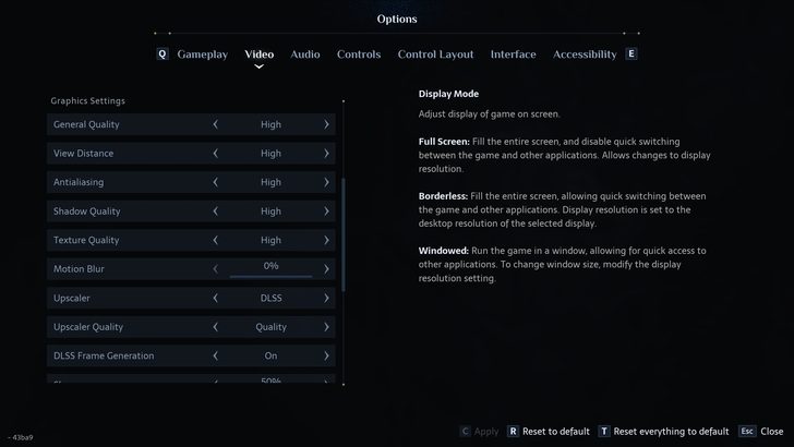 The image shows a video options menu in a game with Graphics Settings set to high for most options, Motion Blur at 0%, Upscaler labeled as DLSS with Upscaler Quality as Quality, and DLSS Frame Generation turned On.