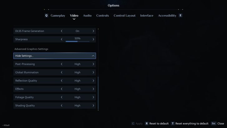 The video settings menu shows DLSS Frame Generation set to 'On' and various graphics settings, including post-processing and global illumination, set to 'High'.