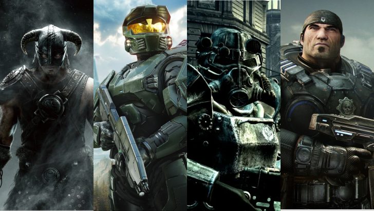 A side-by-side image featuring iconic characters from video games: Dovahkiin from Skyrim, Master Chief from Halo, a Brotherhood of Steel soldier from Fallout, and Marcus Fenix from Gears of War.