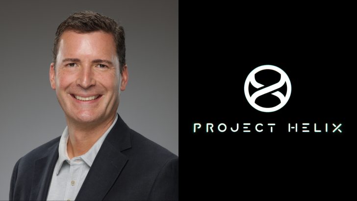 A smiling man in a suit and the words 'Project Helix' with a circular logo on a black background.
