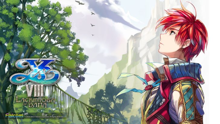 The image features a character with red hair and colorful armor standing against a backdrop of lush greenery and mountains with the title 'Ys VIII: Lacrimosa of Dana' prominently displayed.
