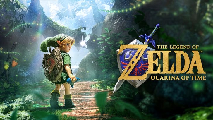 A scene from The Legend of Zelda: Ocarina of Time shows Link holding an ocarina in a forest, with the game title logo prominently displayed.