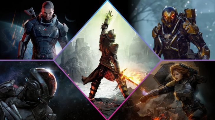 A collage featuring characters from several Bioware video games, including a soldier in N7 armor from Mass Effect, a warrior casting a spell in Dragon Age, an armored exosuit from Anthem, and a female hero wielding a gun in a futuristic battle setting.