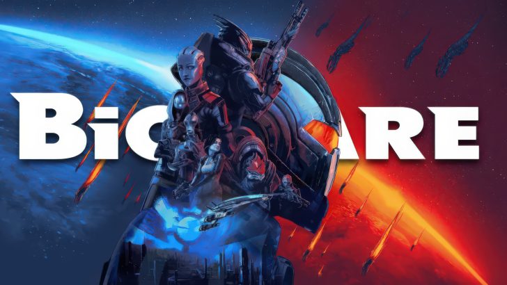 A collage of characters from the Mass Effect series, with a large 'BioWare' text overlay, set against a space-themed backdrop divided between blue and red hues.