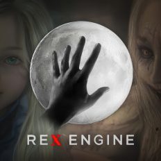 A dark CAPCOM illustration features a realistic hand touching a large moon between two distinct faces, with the text 'REX ENGINE' below.