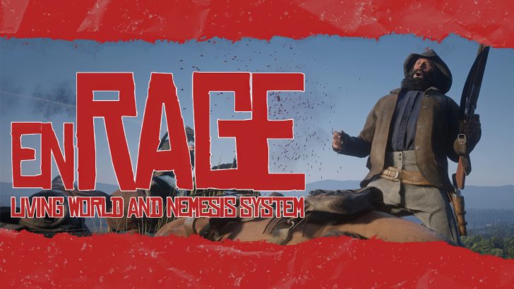A character from 'Red Dead Redemption 2' stands in front of large text saying 'ENRAGE LIVING WORLD AND NEMESIS SYSTEM.'