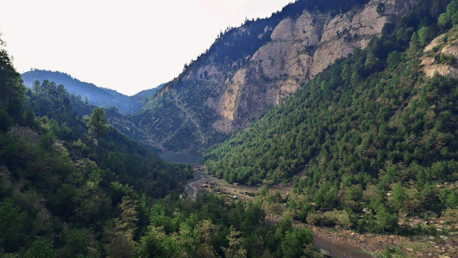 Microsoft công bố nâng cấp DirectX Raytracing lớn nhất kể từ năm 2018 4 A detailed rendering of a lush, tree-covered valley with steep rock formations, likely from a high-resolution game or graphics engine.