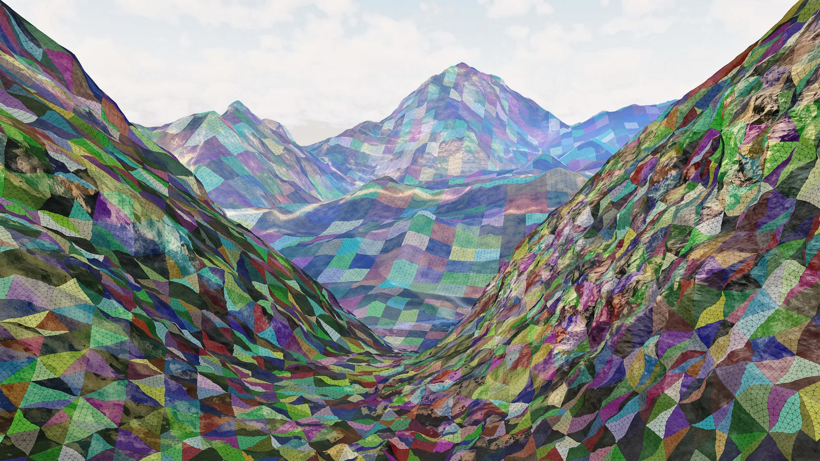 Microsoft công bố nâng cấp DirectX Raytracing lớn nhất kể từ năm 2018 5 A 3D rendering of colorful, quilt-like polygonal textures covering a mountain landscape.