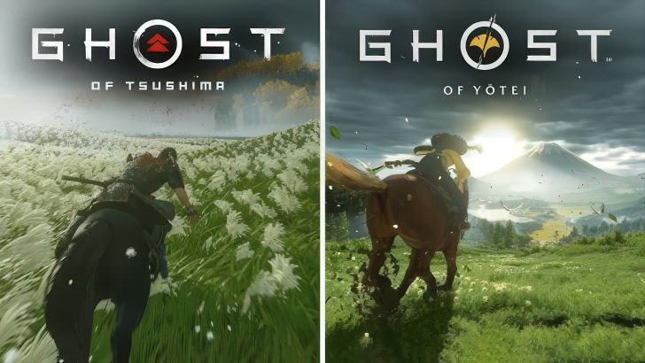 Side-by-side comparison showing 'Ghost of Tsushima' and a similar game titled 'Ghost of Yōtei' from Sucker Punch Productions with horseback riders traversing expansive, grassy landscapes.