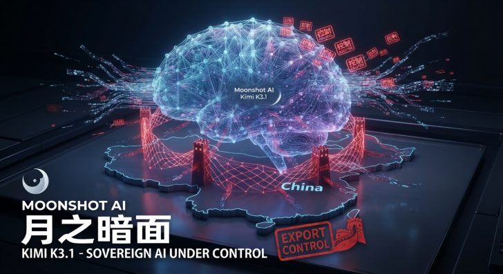 A digital illustration shows a networked brain labeled 'Moonshot AI Kimi K3.1' over a map of China with 'EXPORT CONTROL' stamped, alongside the text 'MOONSHOT AI' and 'SOVEREIGN AI UNDER CONTROL'.