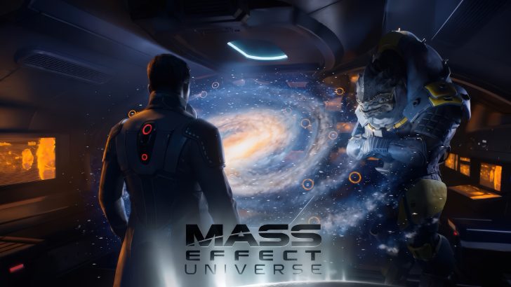 A scene from the game Mass Effect Universe shows a human and a Krogan observing a holographic galaxy.