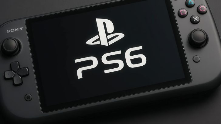 A handheld gaming device with Sony branding displays 'PS6 handheld' on its screen.