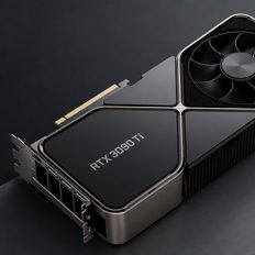 An NVIDIA GeForce RTX 3090 Ti graphics card is displayed on a dark surface, featuring the model name prominently on the casing.