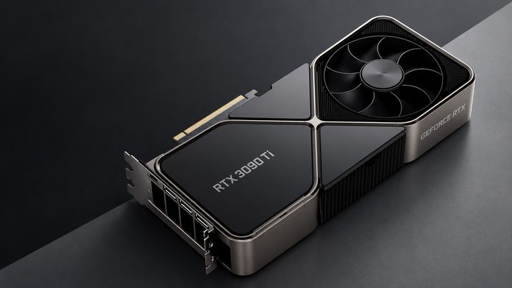 An NVIDIA GeForce RTX 3090 Ti graphics card is displayed on a dark surface, featuring the model name prominently on the casing.
