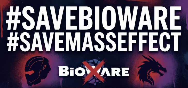 The image features the text '#SAVE BIOWARE #SAVE MASS EFFECT' with logos of BioWare, a stylized helmet, and a dragon silhouette.