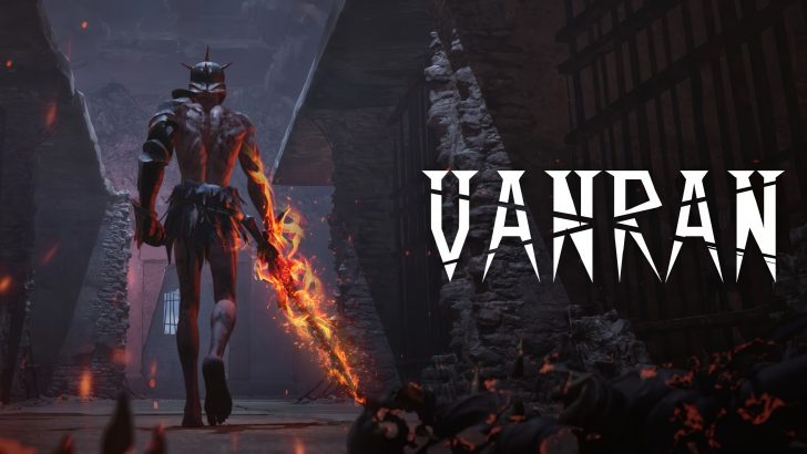 A character in the game 'Vanran' wielding a fiery sword in a dark medieval setting.